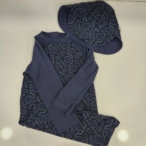 Navy Graphic Print long sleeve swim Set with Hat